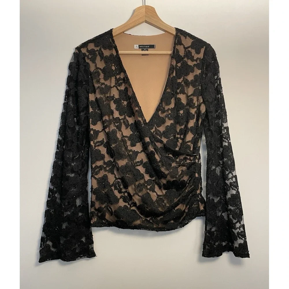 JS BOUTIQUE Lace Overlay Blouse M Sequins Faux-Wrap Mesh Top Evening Romantic - Picture 2 of 14